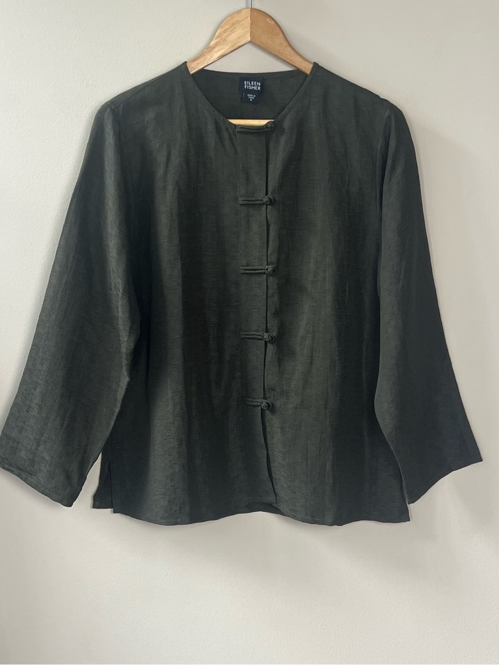 Eileen Fisher Silk Linen Frog Closure Blouse Jacket Olive Green Size Medium